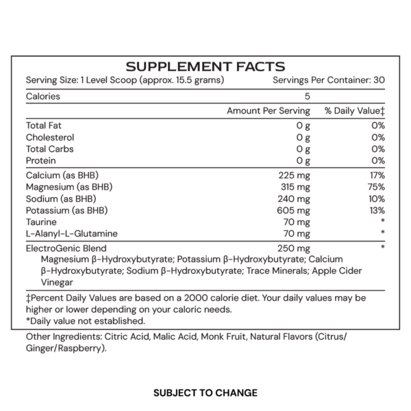 ElectroGenic - supplement facts - subject to change