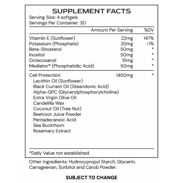 CellGenic - supplement facts B25A - subject to change
