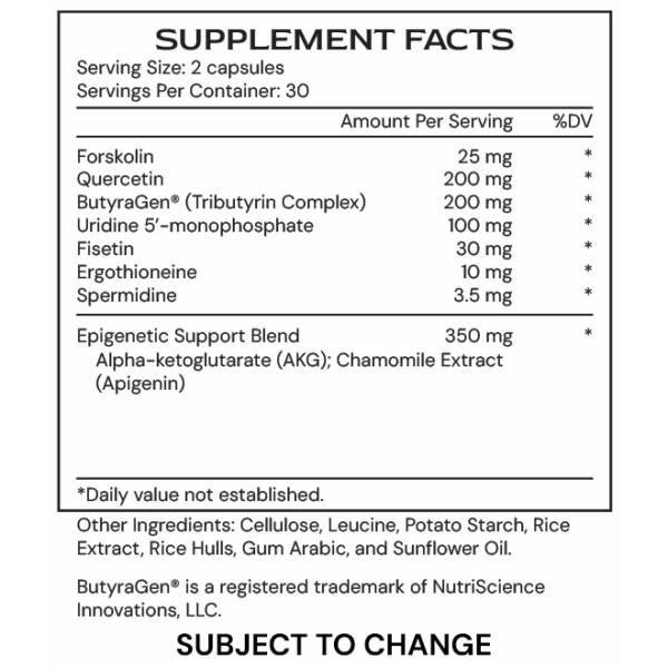EpiGenic - Epigenetic Longevity Support - supplement facts G25 subject to change