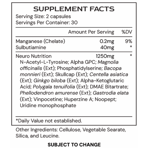 NeuroGenic - supplement facts D25A - subject to change